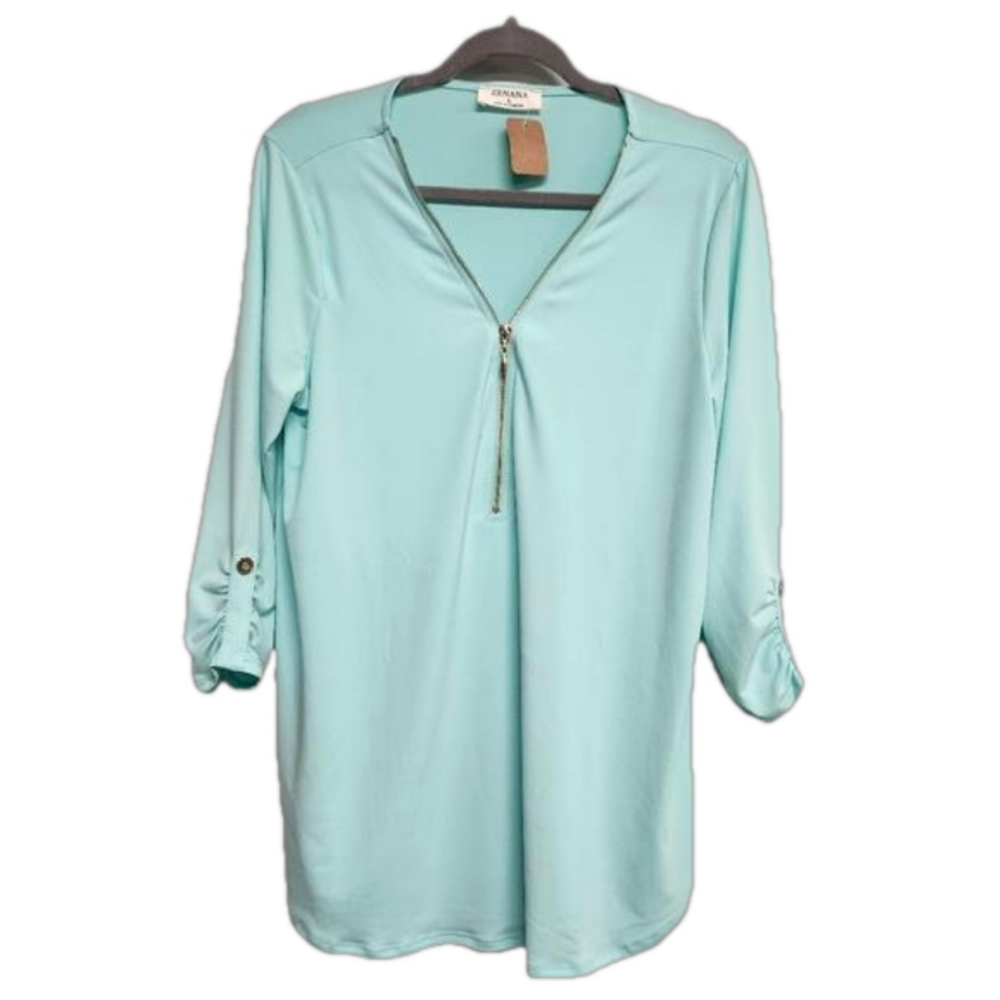 3/$25 Zenana bright pastel seafoam green long sleeve gold zipper blouse size L
